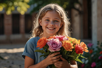 Fototapeta premium Blonde child girl holding a bouquet of colorful flowers. AI generated.