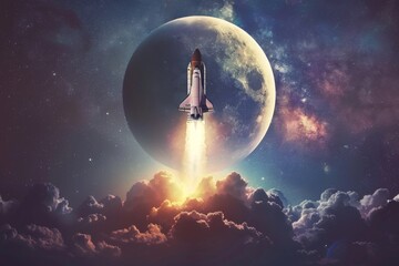 Spaceship takes off into universe with full moon background - obrazy, fototapety, plakaty