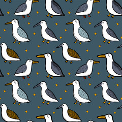 Seagull celestial bird minimalist artistic fashionable doodle boho modern vector seamless pattern