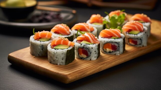 Avocado and smoked salmon sushi roll AI generated