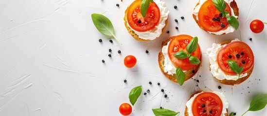 Copy space is provided for tomato, cream cheese, and caviar canapes with garnish on a white background.