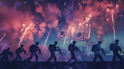 A patriotic composition featuring the silhouette of soldiers marching in formation overlaid with the American flag waving proudly in the wind, with fireworks exploding in the night sky - Powered by Adobe