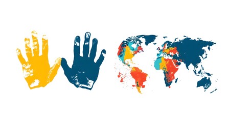 Colorful handprints beside a world map symbolizing diversity and unity. Ideal for multicultural and global themes. Simple, impactful visual representation. AI