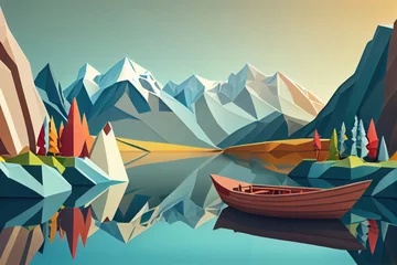 No drill blackout roller blinds Mountains Landscape with a boat on a  lake and mountains in the background. Cubistic / low poly drawing. Generative AI