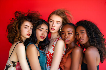 Obraz premium A group of beautiful young women of different nationalities in the studio looking at the camera
