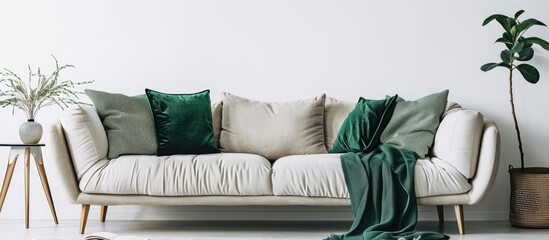 A beige couch with a green throw and pillows is positioned in front of a blank white wall in a simple living space.
