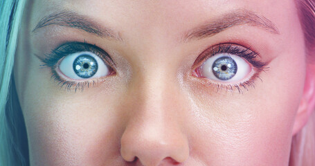 Surprise, optical and blue eyes with natural iris color for long eyelashes with wow expression....