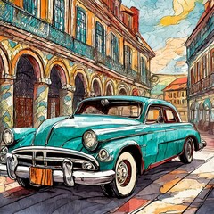 illustration of retro car in the street