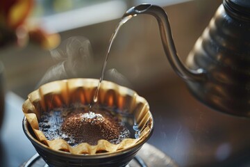 Pour Over Perfection A slow and steady stream of hot water pours from a kettle over freshly ground coffee in a pour-over stand