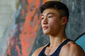 Asian man in tank top standing in front of graffiticovered wall, urban street art backdrop portrait