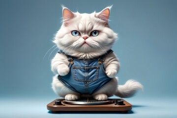 fat cat on scales measuring his weight, isolated on blue background