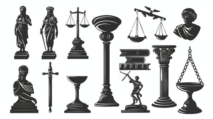 Black classic Legal law and justice icons set isolated