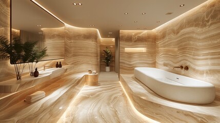 Minimalist glossy oak powder room design in penthouse in New York, hyper realistic photo