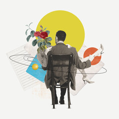 Romantic vibe. Man in a sui sitting on chair with his lovely wife on light background with abstract...