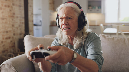 Confused, senior woman and headphones for video game, online streaming and relax for retirement at...