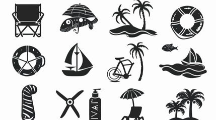 Black classic summer time vacation activity icons set - obrazy, fototapety, plakaty