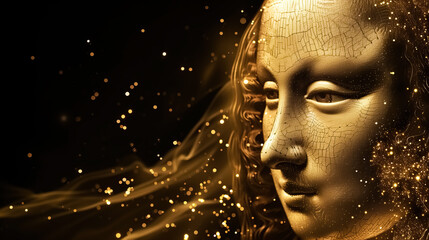 closeup of 3d golden tech mona lisa with dynamic dark background with sparkling gold particles swirling light