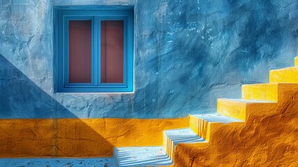 Modern Greek architecture, blue background, sunshine, simplicity,colorful,textured