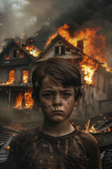A sad looking boy standing in front of his burning home due to war