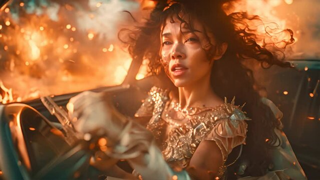 Young Asian bride engulfed in flames, wearing charred, torn wedding attire, seated in burning car cockpit, expressing agony and despair.generative ai