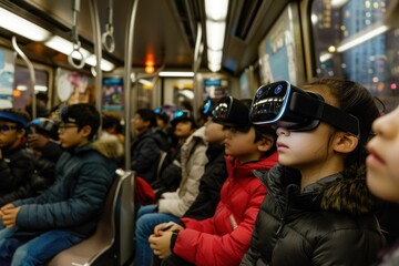 Obraz na płótnie Canvas Group of children immersed in virtual reality experience while waiting for subway train arrival
