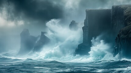 A dramatic seascape captured during a storm, with towering waves crashing against rugged cliffs,...