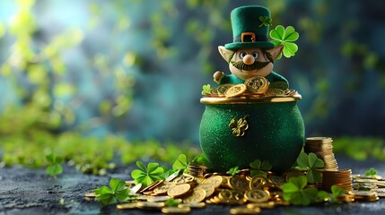 Leprechaun's Treasure: A Sparkling St. Patrick's Day Vignette. Concept St, Patrick's Day, Leprechaun, Treasure Hunt, Green Decor, Shamrocks - obrazy, fototapety, plakaty