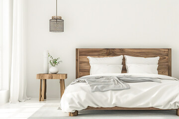 Fototapeta na wymiar Minimalist bright bedroom with clean lines and modern decor