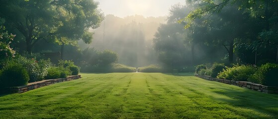 Summer Serenity: Misty Dawn on a Manicured Meadow. Concept Nature's Beauty, Tranquil Landscapes, Ethereal Atmosphere, Morning Light - obrazy, fototapety, plakaty