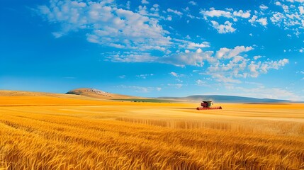 Fototapeta na wymiar Golden Wheat Field under a Clear Blue Sky. Rural Farming Scene with Harvester at Work. Agricultural Landscape and Machinery. Serene Nature, Farm Life. AI