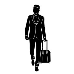 man walking with a suitcase silhouette on a white background vector