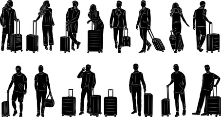 people traveling with suitcases set silhouette on white background vector