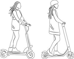 women riding a scooter sketch on a white background vector