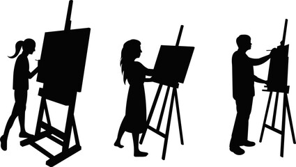 people painting on an easel silhouette on a white background vector
