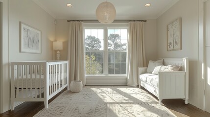nursery plain white carpet baby crib light colors windows