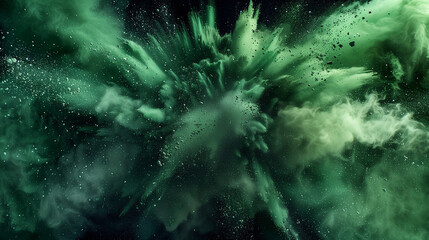 Dunkelgrüne Farbexplosion vor dunklem Hintergrund