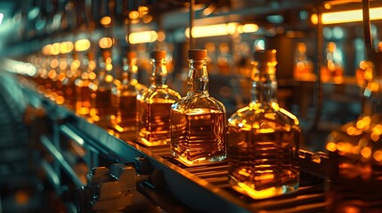 Illuminated Glass Bottles on a Production Line at Night. Industrial Concept with a Warm Ambience. Close-up of Bottles in Factory Setting. AI