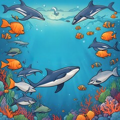 illustration of sea animals and plant, world oceans day concept
