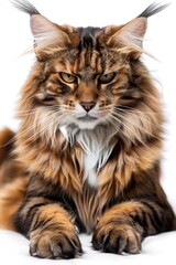 Obraz premium Majestic Maine Coon Cat Lying Down with Intense Gaze on White Background