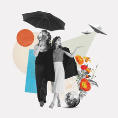 Cosmic journey. Surreal art collage with woman walking hand in hand with man wearing astronaut mask under umbrella. Dreamy fantastic atmosphere. Concept of creativity, retro style, imagination - obrazy, fototapety, plakaty