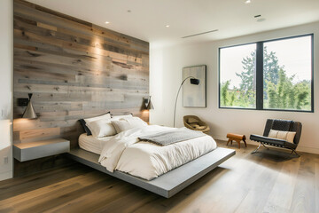 Fototapeta na wymiar Minimalist bright bedroom with clean lines and modern decor