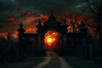 A creepy cemetery at night with a nebula and a Gothic-style cemetery gate with a mysterious moonlight