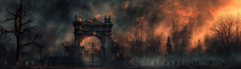 A creepy cemetery at night with a nebula and a Gothic-style cemetery gate with a mysterious moonlight - obrazy, fototapety, plakaty