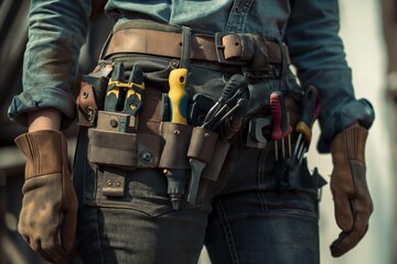 Fototapeta premium Belt with construction tools, close-up, female construction worker