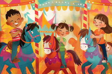 Colorful illustration of happy children enjoying a merry-go-round ride at a festive carnival