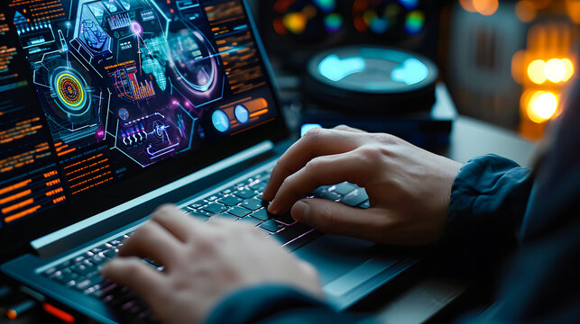 Photo of guy hands arms working front back end programming indoors workstation workshop home