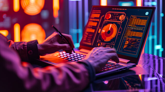 Photo of guy hands arms working front back end programming indoors workstation workshop home