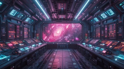 A futuristic space station with a large screen showing a spiral galaxy