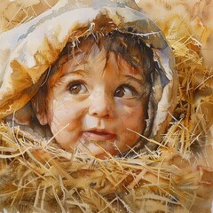 A watercolor painting of a baby's face smiling and has dark hair and brown eyes.