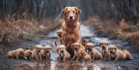A mother dog is surrounded by her puppies, sitting in the muddy ground. She turns to look at the camera - obrazy, fototapety, plakaty